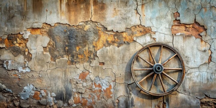 Rustic wooden wheel affixed to a weathered, cracked wall, a testament to time and decay