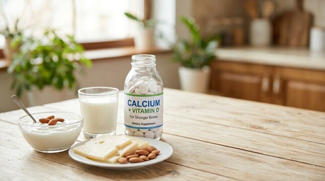 Nutrient-rich spread for bone health: calcium and vitamin D supplements with dairy products and almonds on a natural wooden table.