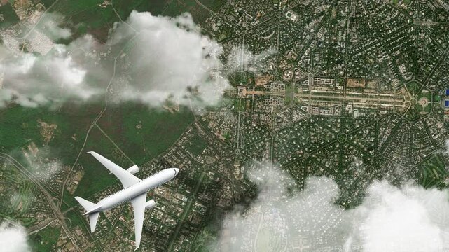 Airplane Flying over India Gate, New Delhi, India and Clouds. Aerial Airplane Scenes. Jet Flying Over Historic Monument and City Skyline. Aerial City Animation &ndash; Vox Style Map Animation in 4K