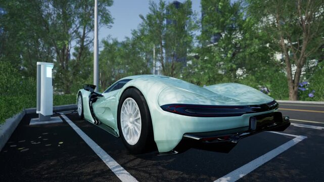 Futuristic Electric Supercar Charging At Station In Green Urban Park Setting