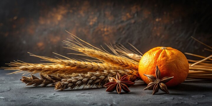A Still Life Featuring Golden Wheat, a Citrus Fruit, and Aromatic Star Anise on a Dark Background