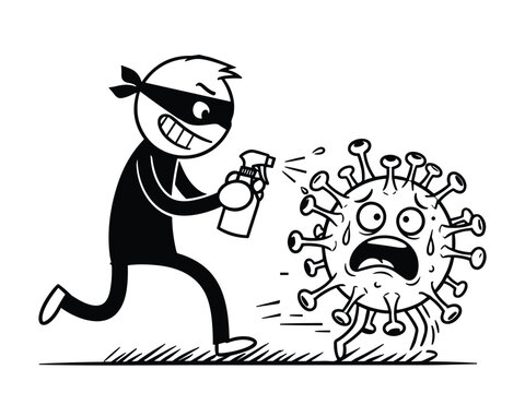 Cartoon vector of bandit spraying sanitizer at terrified virus character isolated.