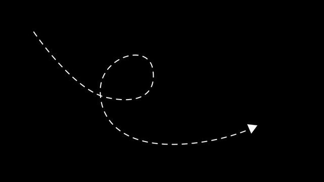 Curve motion dashed arrow on black background. White dashed arrow curving in a loop. Dynamic curve motion dashed arrow for directional flow and navigation concept visuals.