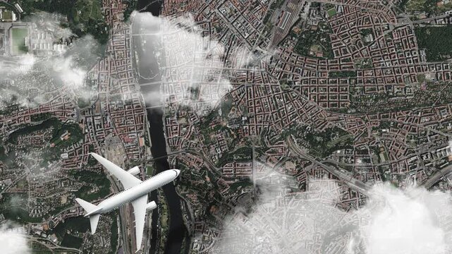Airplane Flying over Charles Bridge, Prague, Czech Republic and Clouds. Aerial Airplane Scenes. Jet Flying Over Historic Bridge and City Skyline. Aerial City Animation &ndash; Vox Style Map Animation in 4K