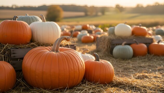 Vibrant orange pumpkins and gourds at a scenic pumpkin patch on a farm for an autumn seasonal harvest and Halloween holiday decoration concept at sunset