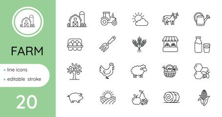 Fototapeta premium A set of linear farm icons . Vector, isolated, editable