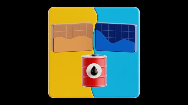 3D animation loop of Oil Market competition with multiple charts and data indicators, representing rivalry and dynamics in global petroleum trading environment.