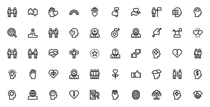 Human relations and emotions icon set. Vector symbols for love, friendship, communication, mind, heart, success, balance, ideas and more. Editable thin line illustrations.