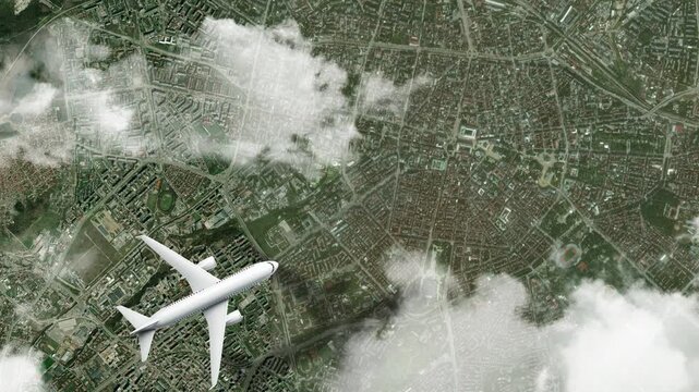 Airplane Flying over Alexander Nevsky Cathedral, Sofia, Bulgaria and Clouds. Aerial Airplane Scenes. Jet Flying Over Historic Cathedral and City Skyline. Aerial City Animation &ndash; Vox Style Map 4K