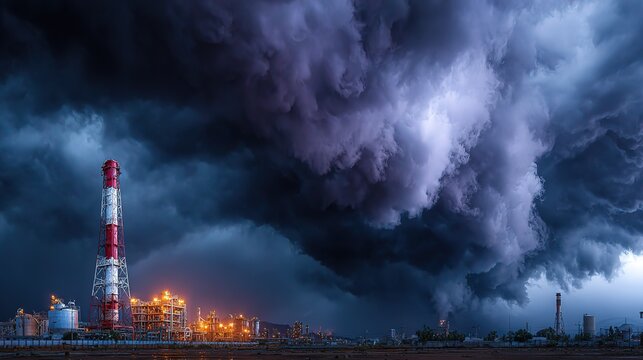 Illuminated Nighttime Petrochemical Refinery: Industrial Energy Production Facility with Storage Tanks and Tall Chimney Under Dramatic Dark Storm Clouds