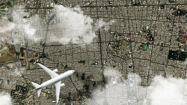 Airplane Flying over Azadi Tower, Tehran, Iran and Clouds. Aerial Airplane Scenes. Jet Flying Over Iconic Monument and City Skyline. Aerial City Animation &ndash; Vox Style Map Animation in 4K
