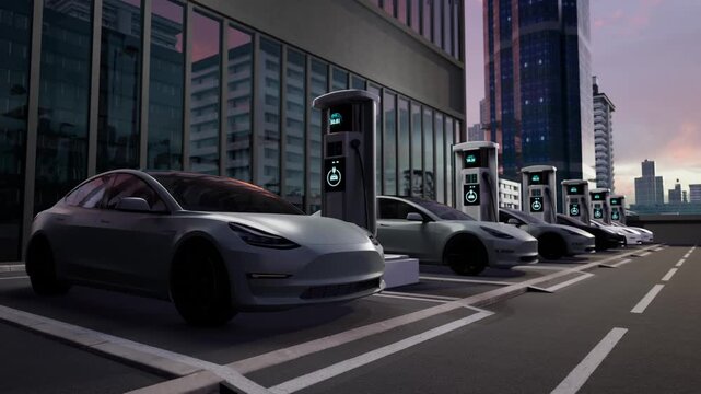 Row Of Electric Cars Charging At Modern Outdoor Ev Station In Urban Parking Lot