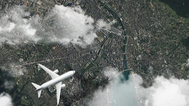 Airplane Flying over Lake Zurich, Zurich, Switzerland and Clouds. Aerial Airplane Scenes. Jet Flying Over Scenic Lake and City Skyline. Aerial City Animation &ndash; Vox Style Map Animation in 4K