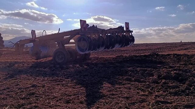 Tractor with a disc harrow plowing a field in preparation for spring sowing at sunset