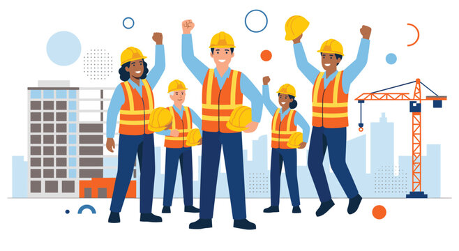 Happy professional construction team celebrating success at building site. Group of cheerful engineers and laborers holding hard hats and jumping with excitement for project completion.