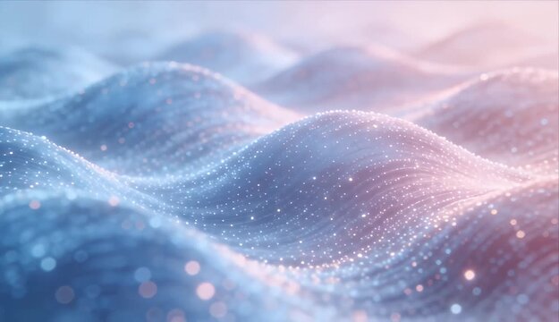 Abstract wavy background with glowing light particles, soft blue pink gradient, looping digital texture and smooth wave pattern for calm modern design and SEO friendly use