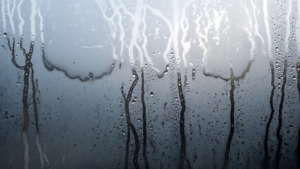 Obraz premium Condensation on a glass window pane with water droplets running down, creating a textured, moody, and atmospheric background with soft light diffusion imagine studio