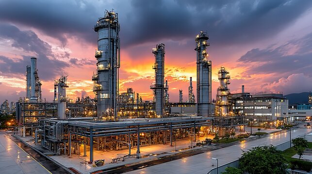 Illuminated Oil Refinery & Petrochemical Plant at Sunset, Industrial Distillation Towers, Energy Industry Infrastructure, Evening Heavy Industry Landscape
