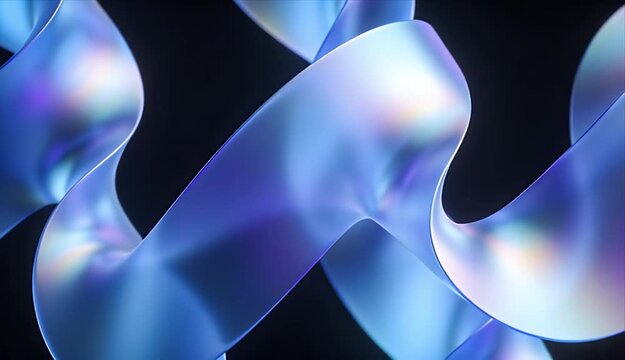 Abstract looping background with blue purple gradient ribbon, smooth flowing shape, glossy light reflections, modern digital texture, dark backdrop and wave pattern