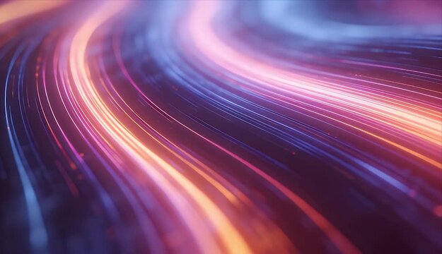 Abstract light streak background with flowing glowing loop, vibrant motion blur, looping streaks in purple blue and orange glow for dynamic digital design and motion effect