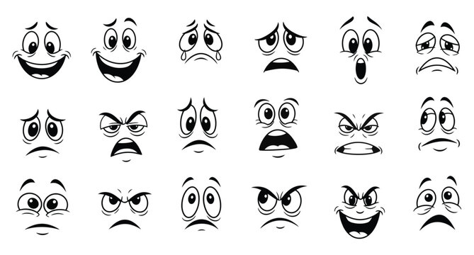 Cartoon face silhouette collection a diverse array of expressive emotions in black and white