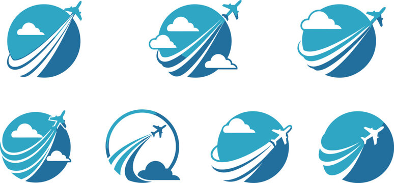 Abstract travel logos a collection of blue and white circular designs featuring airplanes and cloud silhouettes