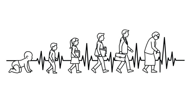 Evolution of man silhouette from crawling baby to elderly person with walking stick representing life's journey