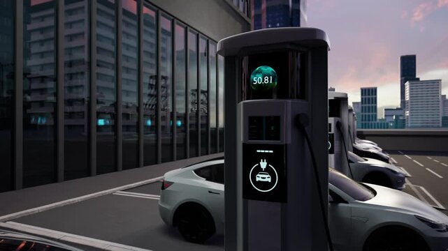 Row Of Electric Cars Charging At Modern Outdoor Ev Station In Urban Parking Lot