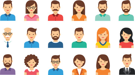 Fototapeta premium Diverse People Avatar Collection with Men and Women Characters Smiling Faces Flat Style Vector Illustration Set for User Profiles Social Media and App Design.