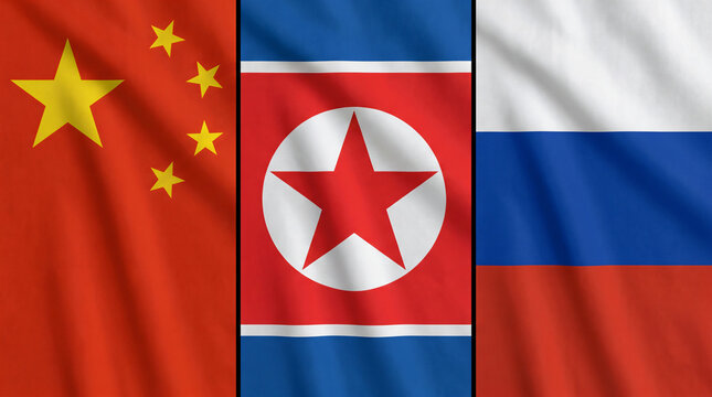 Triptych Split Screen China North Korea And Russia Flags Fabric Texture JPG