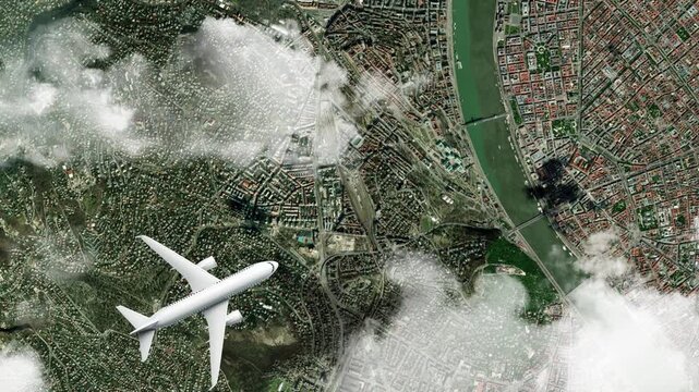 Airplane Flying over Parliament Building, Budapest, Hungary and Clouds. Aerial Airplane Scenes. Jet Flying Over Historic Government Building and City Skyline. Aerial City Animation &ndash; Vox Style Map 4K