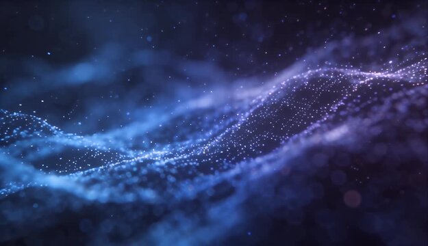 Abstract particle wave background with looping blue and purple light, glowing dots, soft depth, purple haze, and futuristic motion design for digital background