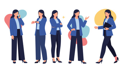 Fototapeta premium Set of five illustrations featuring a young professional woman in a blue blazer and dark trousers performing various actions and gestures for work.