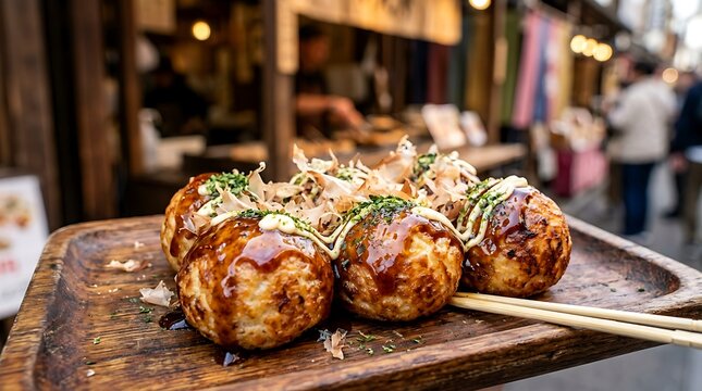 Delicious takoyaki japanese street food octopus balls on wooden tray with chopsticks in a blurred market background imagine studio