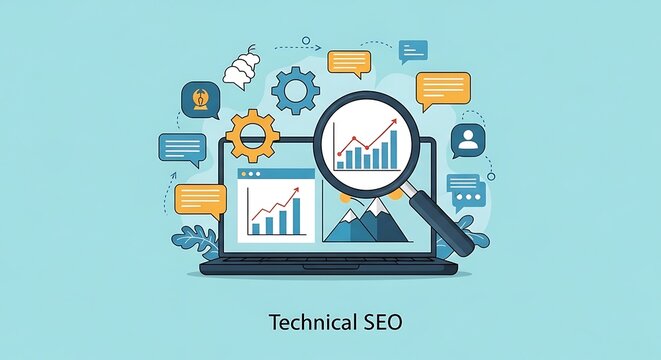 A magnifying glass examines a laptop screen displaying analytics charts surrounded by various icons and symbols on a light blue background with a focus on technical SEO.