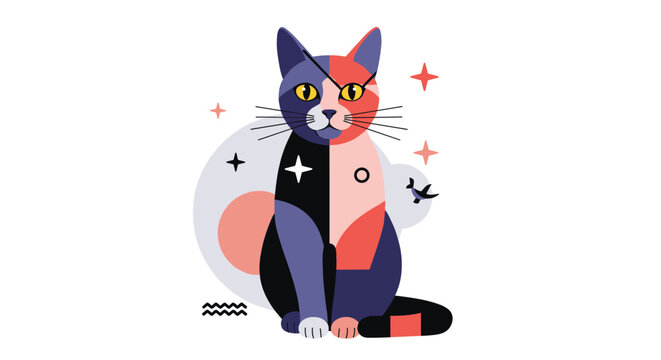 Whimsical illustration of a stylized calico cat wearing an eye patch surrounded by stars and abstract shapes in a creative artistic composition.