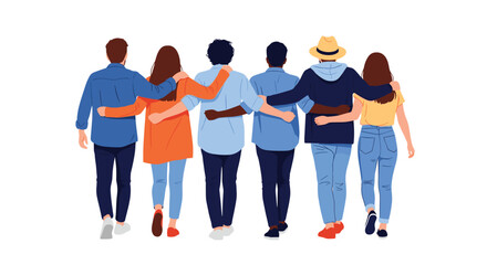 Fototapeta premium Diverse group of six friends is seen from the back, walking together with their arms around each other in a line.