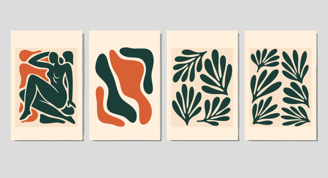 Set of four abstract posters features organic shapes, human figures, and plant forms in dark green, orange, and cream.