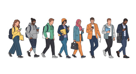 Fototapeta premium Diverse group of young people are shown walking together while they are all busy looking at their smartphones.
