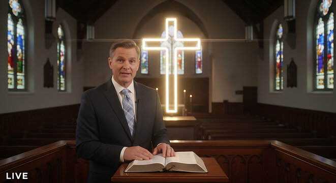 A charismatic preacher delivers an inspiring spiritual sermon while holding an open holy bible before a radiant glowing cross in a modern Christian church sanctuary during a live worship service.