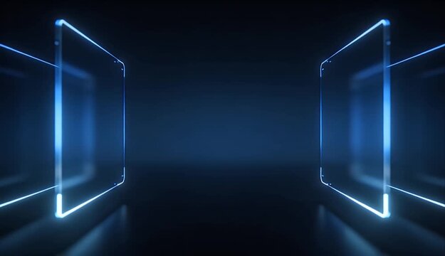 Minimalist futuristic blue glowing frame pair dark abstract background, blue neon panel corridor looping background with dark futuristic glow and mirrored light frame, empty abstract technology scene