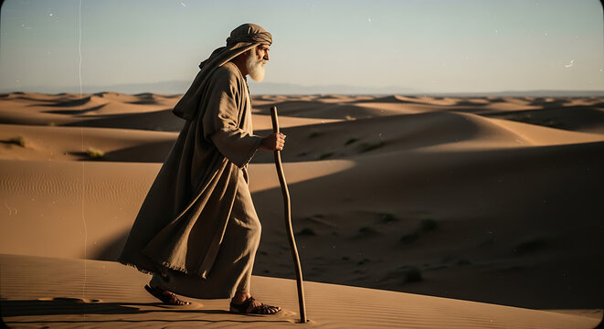 Ancient Biblical Prophet Abraham Wandering Through Arid Desert Sands Carrying Wooden Staff and Wearing Traditional Robes During a Spiritual Journey Across Vast Dunes in Sunlight.