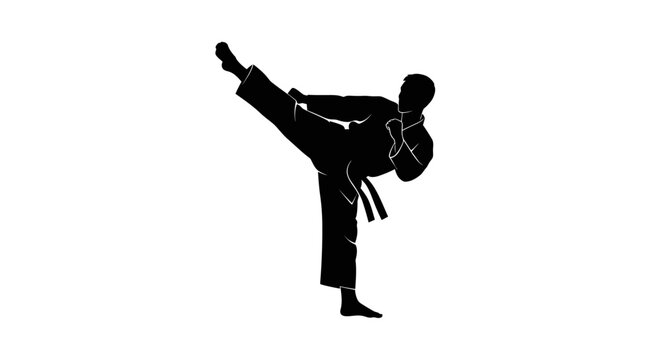 Black silhouette of a man kicking in karate
