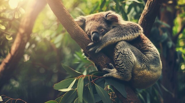 Sleepy koala cuddled on a branch, bathed in warm sunlight filtering through lush greenery