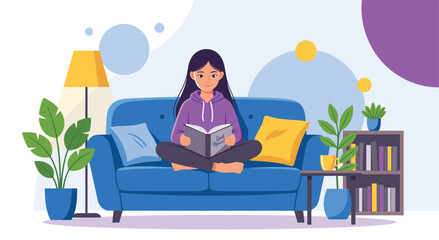 Peaceful illustration of girl relaxing on a blue sofa while reading a book. Cozy home interior scene with plants lamp and bookshelves in the background for a calm atmosphere. © Akter