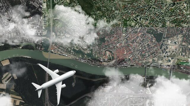 Airplane Flying over Bratislava Castle, Bratislava, Slovakia and Clouds. Aerial Airplane Scenes. Jet Flying Over Historic Castle and City Skyline. Aerial City Animation &ndash; Vox Style Map Animation in 4K