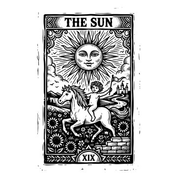 Black and white woodcut style vector illustration of a nude man riding a horse under a radiant sun with a face, surrounded by flowers and geometric patterns, representing The Sun tarot card.