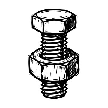 Detailed woodcut style vector illustration of a double stacked bolt and nut in black and white, showcasing industrial hardware in a classic engraved aesthetic.