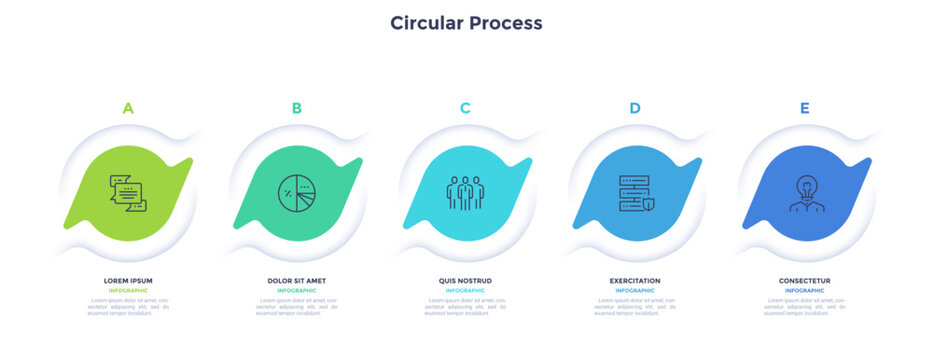 Circular process infographic template with five steps. Vector business presentation slide for data visualization. Sequence diagram with icon showing communication, chart and team management.
