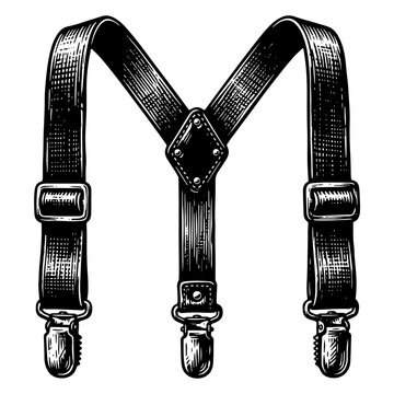 Woodcut style vector illustration of black leather suspenders with metal clips and buckles on a white background.